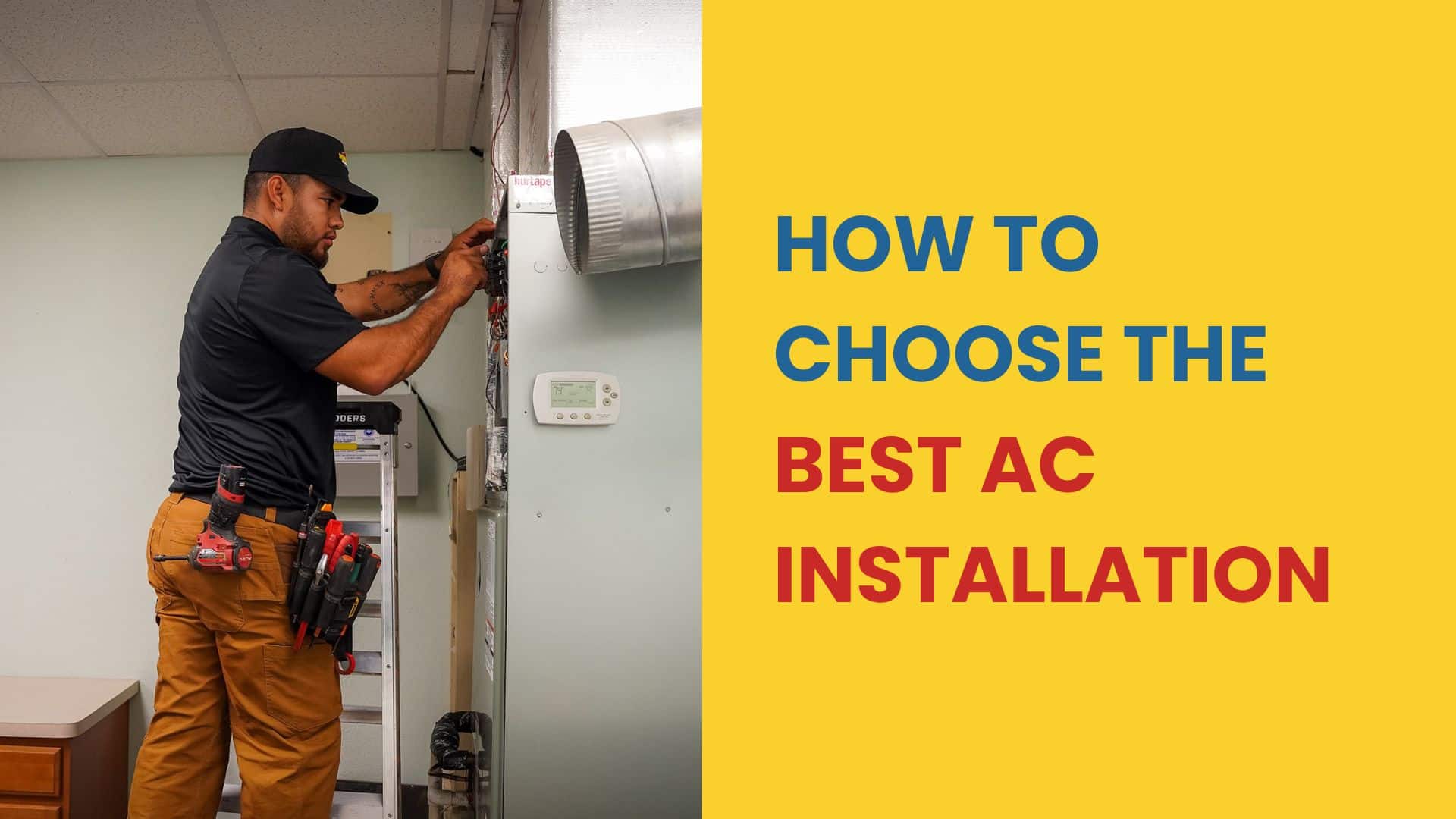 Best Air Conditioning Installation. A technician performing complex internal work, highlighting attention to detail crucial for the long-term performance of the system. The text overlay, "HOW TO CHOOSE THE BEST AC INSTALLATION", positions the company as an authority, providing customers with guidance and demonstrating their specialized skill in proper system setup and execution.