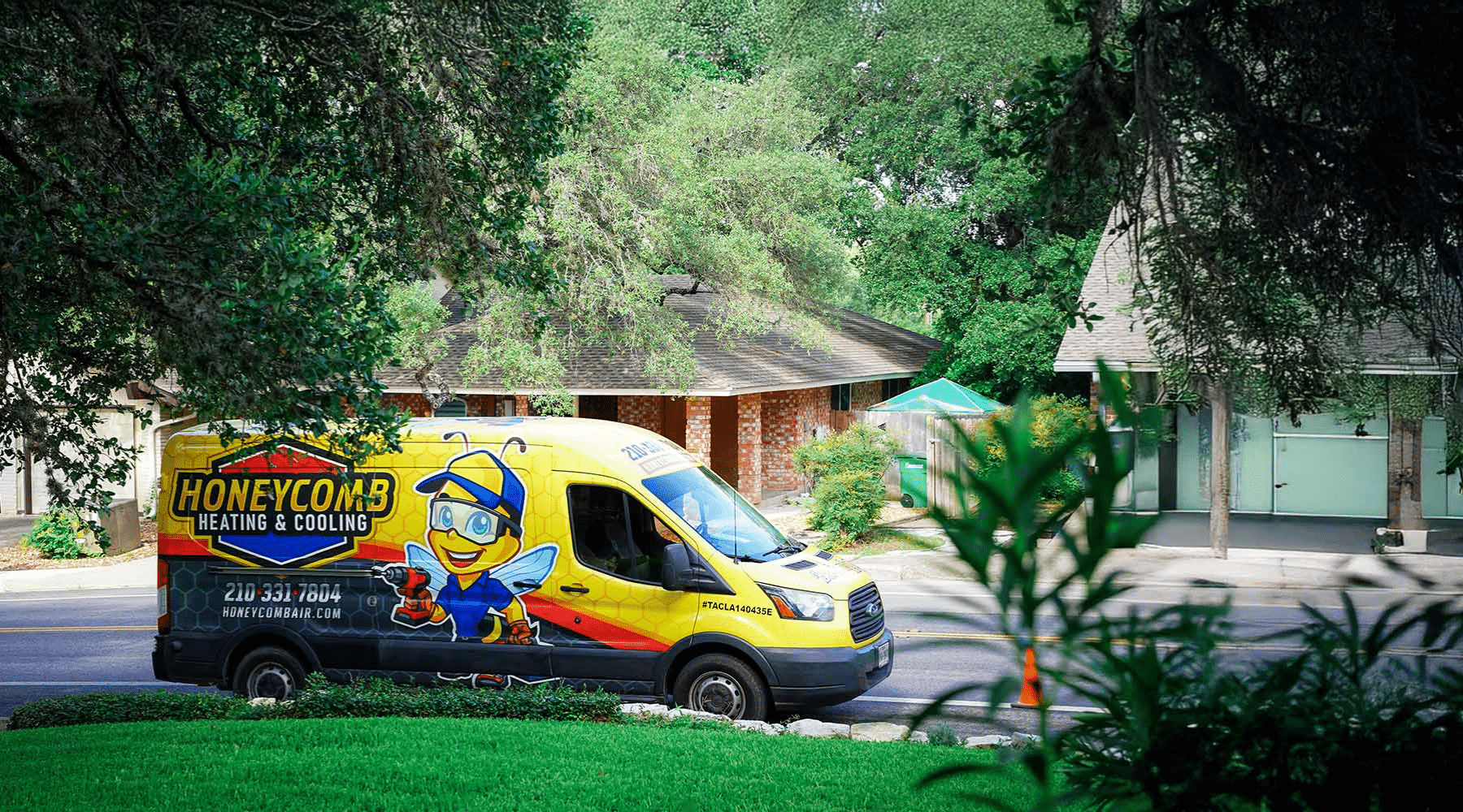 This image shows a professional HVAC service van parked along a roadway in Cibolo, TX representing dependable local heating and cooling services.