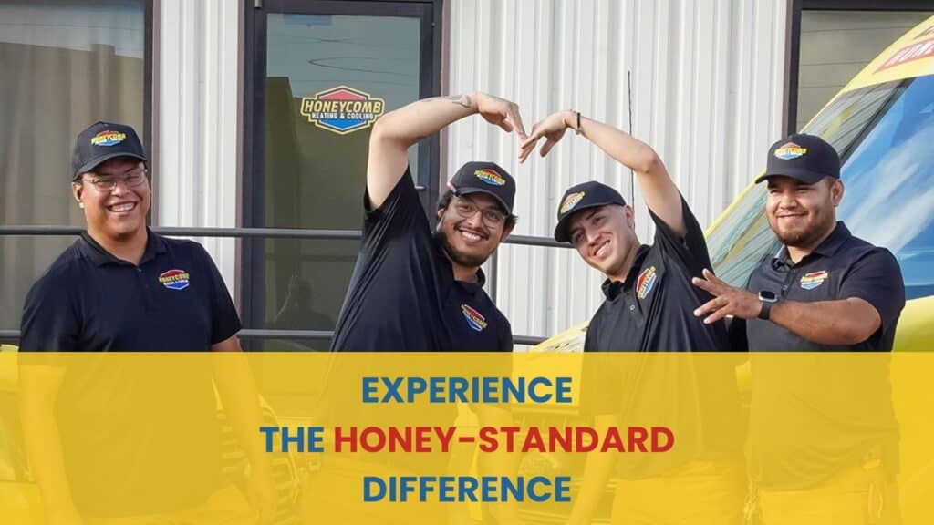 AC Repair Companies. Experience the Honey-Standard Difference text over a photo of four smiling HVAC technicians posing in front of a service van.