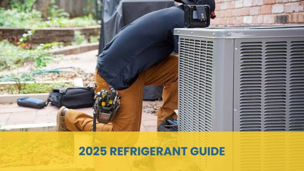 A technician in brown work pants and a black shirt kneeling beside an outdoor AC unit with a tool belt, featuring a yellow banner that reads "2025 REFRIGERANT GUIDE."