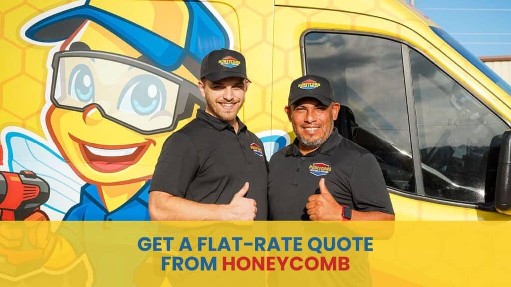 Two smiling technicians from Honeycomb Heating & Cooling giving a thumbs up in front of a company van, offering a flat-rate quote for HVAC Replacement.