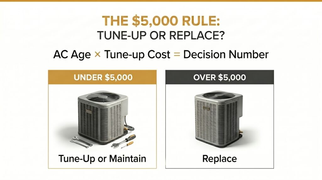 An HVAC diagnostic infographic explaining the 5,000 rule formula to help homeowners navigate the choice between an AC tune-up vs replacement.
