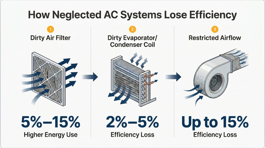 An Honeycomb technical infographic explaining how a dirty air filter, dirty coils, and restricted airflow lead to system performance drops without a seasonal AC tune-up.