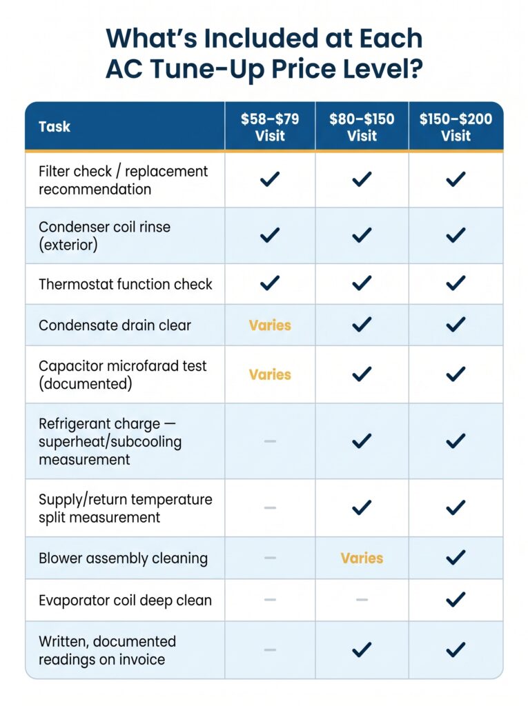 A checklist matrix comparing services included across three residential pricing tiers to show what homeowners get for their AC tune-up cost.