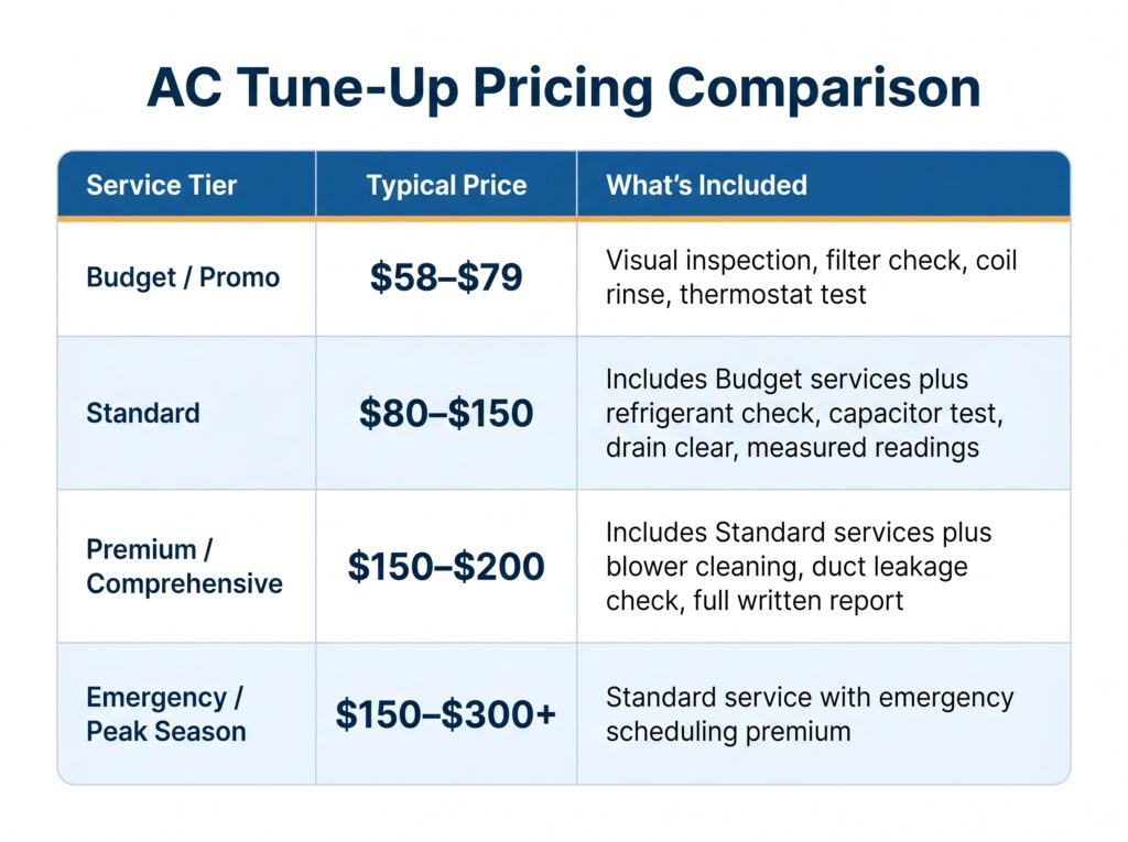 An informational Honeycomb pricing guide comparing the features of a basic maintenance check versus a premium service plan to help homeowners evaluate their AC tune-up cost.