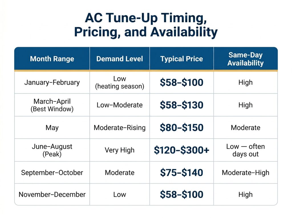 A seasonal table tracking HVAC service rates and booking availability by month, illustrating the financial impact of timing on your overall AC tune-up cost.