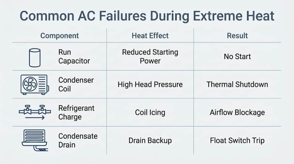 A Honeycomb diagnostic chart showing how extreme heat impacts capacitors, condenser coils, refrigerant charge, and condensate drains without a preventative AC tune-up.