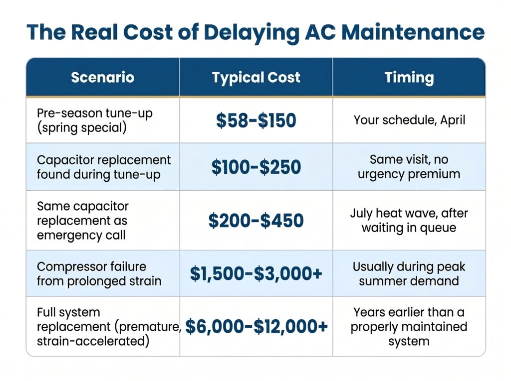A cost-comparison table illustrating how delaying standard service leads to emergency repairs and high system replacement fees, emphasizing the value of a proactive AC tune-up cost.