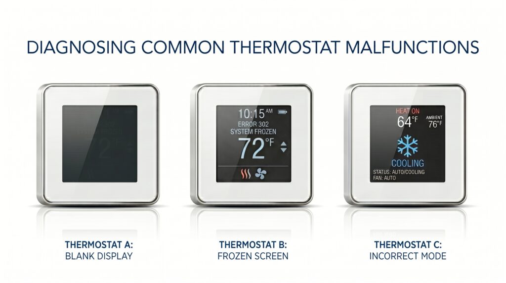 An informational comparison showing three modern smart thermostat icons experiencing different errors: a dark unpowered screen (Blank Display), a screen stuck on an "ERROR 302" message (Frozen Screen), and a device running cooling mode while heating is active (Incorrect Mode).