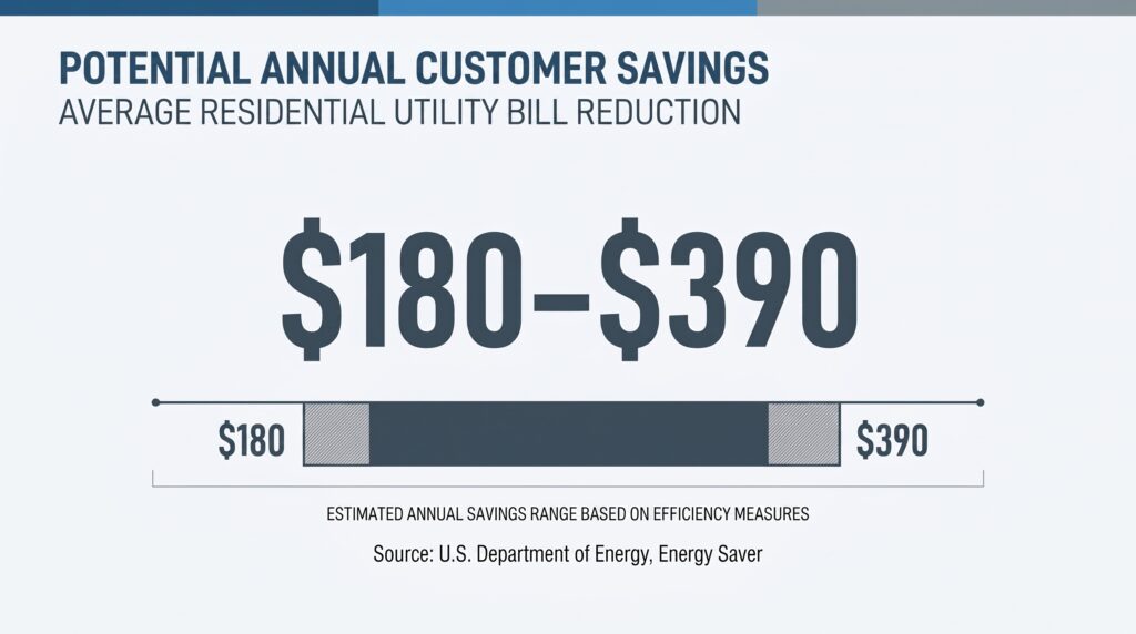 An infographic showing potential savings of $180 to $390 from efficiency measures, highlighting the financial benefits of upgrading an inefficient system or fixing a thermostat not working properly.