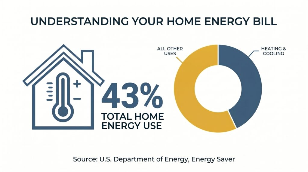 An infographic illustrating that heating and cooling make up 43% of total home energy use, highlighting the impact of an inefficient or thermostat not working properly on utility bills.