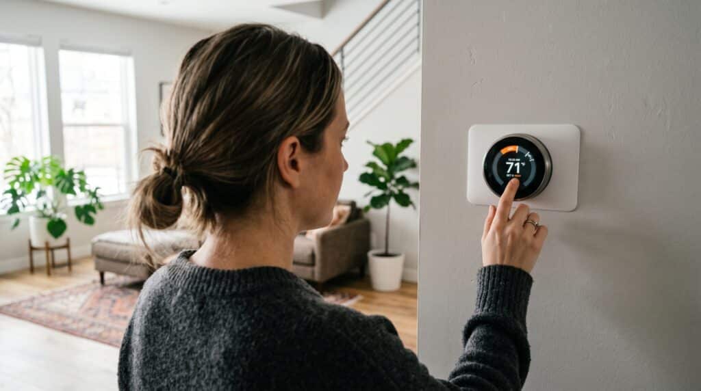 A homeowner adjusting a modern smart digital thermostat mounted on a living room wall to ensure accurate thermostat calibration and home energy efficiency.
