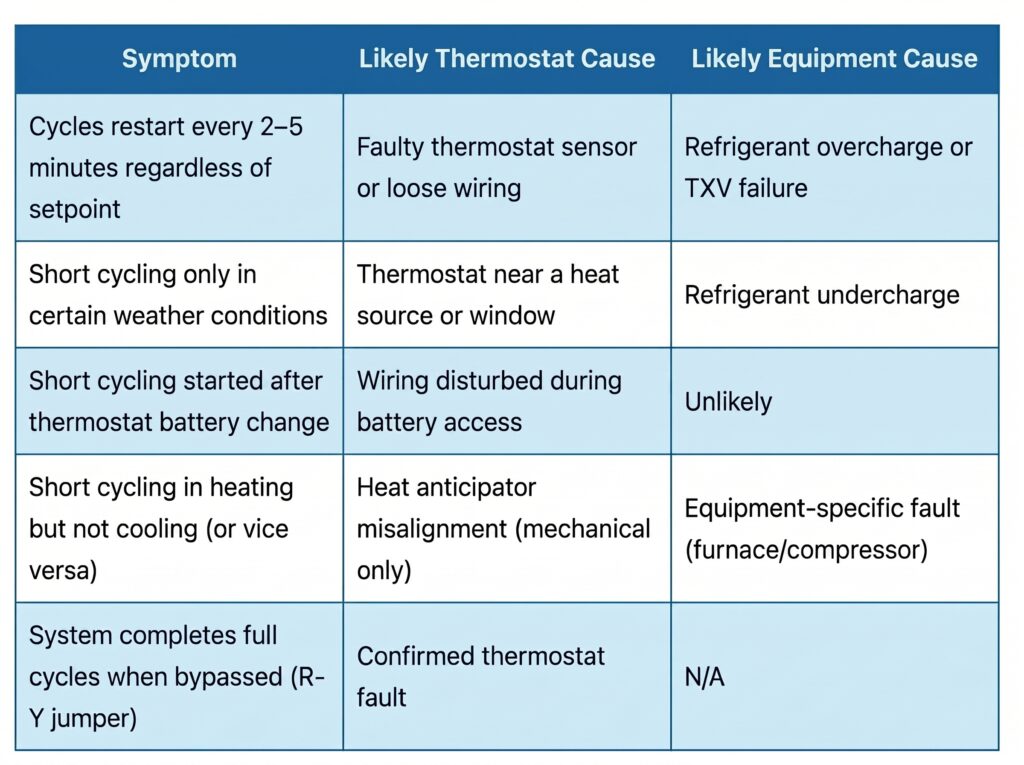 A troubleshooting table comparing heating and cooling system symptoms with potential causes, outlining diagnostic steps when an HVAC issue points to a thermostat not working.