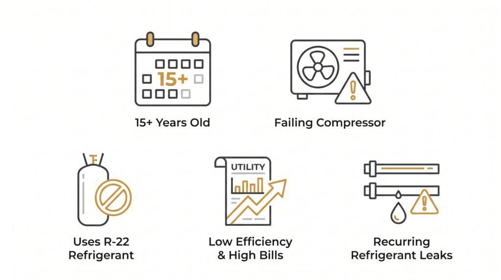 An informative infographic by Honeycomb detailing five critical signs that an air conditioner requires an upgrade rather than a standard fix, helping homeowners weigh a system tune-up vs replacement.