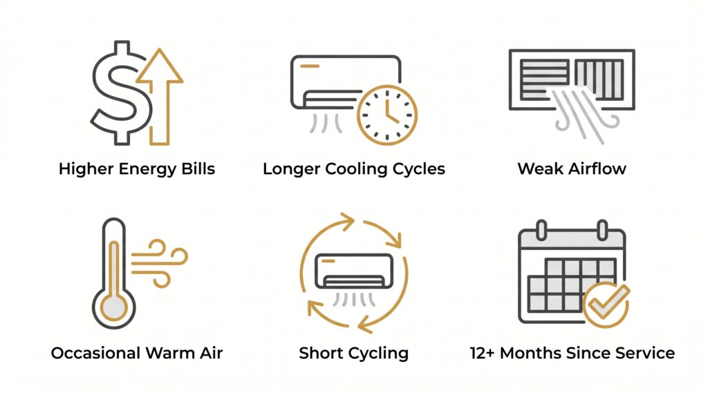 An informational infographic by Honeycomb outlining six warning signs that your HVAC system needs a professional check, a critical factor when assessing an AC tune-up vs replacement.