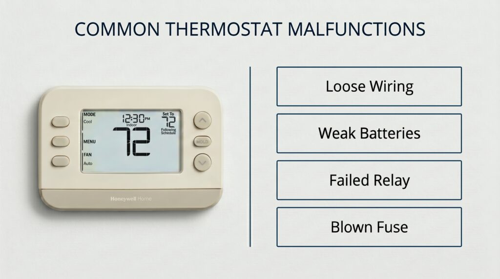 An informational flowchart troubleshooting an unresponsive home climate screen, guiding homeowners on what to check when they find their thermostat not working.