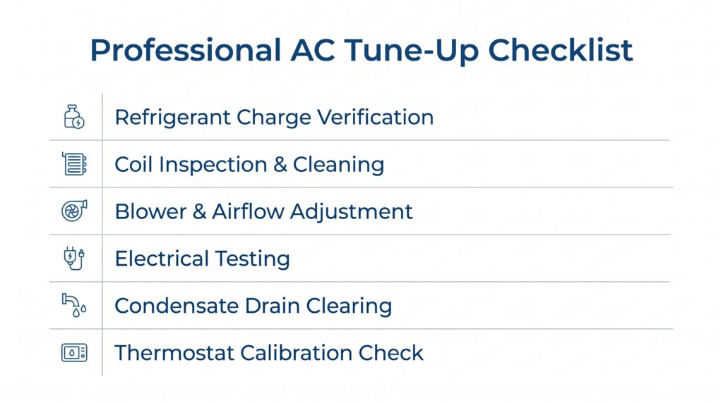 A Honeycomb service infographic listing the primary steps included in a professional AC tune-up to improve cooling efficiency and system reliability.