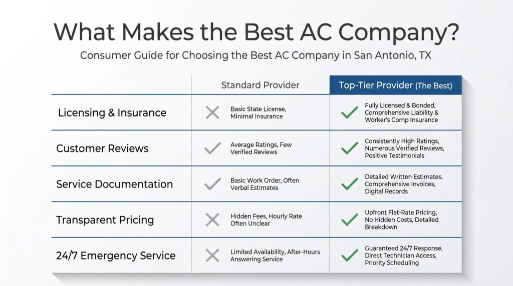 A comparison table from a consumer guide outlining what distinguishes a standard provider from a top-tier provider when looking for the best AC in San Antonio.