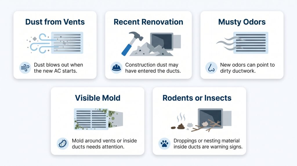 5 Tell-Tale Signs You Need Air Conditioning Duct Cleaning | Honeycomb An infographic checklist from Honeycomb highlighting five common warning signs that indicate a home is due for a professional air conditioning duct cleaning.