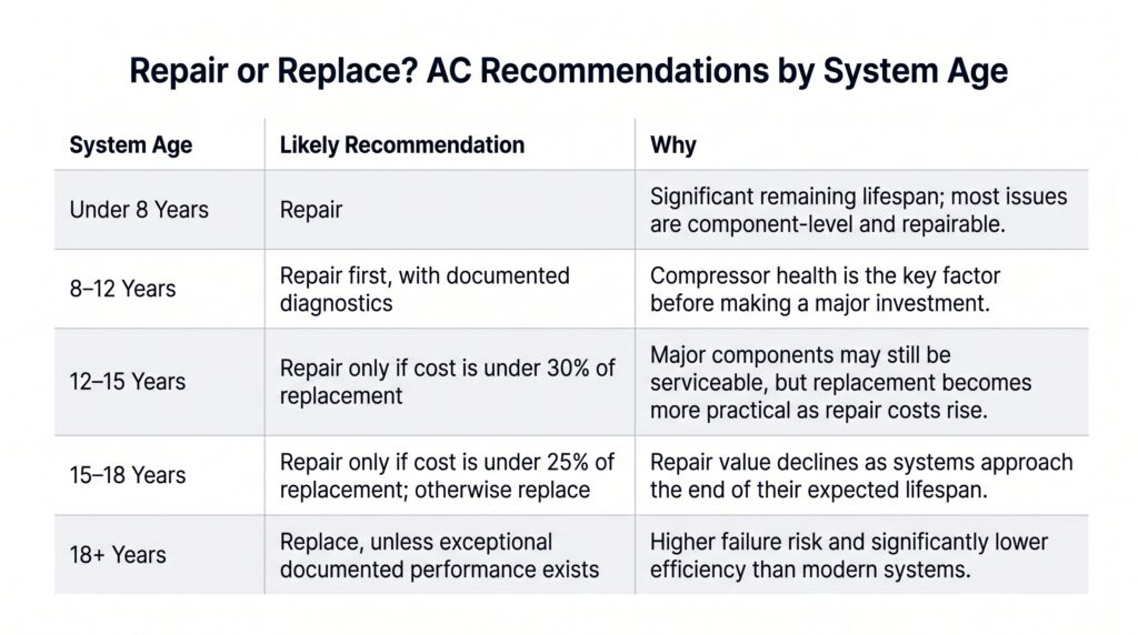 Guide to Replacing Home AC Unit by Age | Honeycomb Air & Heating An HVAC decision chart from Honeycomb Air & Heating breakdown recommendations by system age, helping homeowners evaluate if it is time for replacing home AC unit equipment.