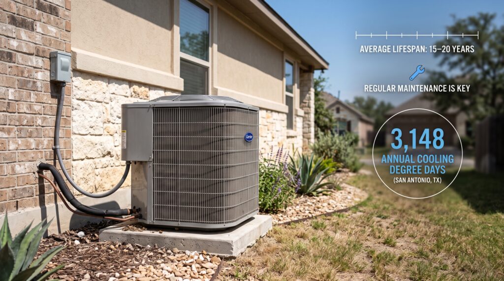 An outdoor AC unit with data overlays highlighting San Antonio's high cooling demands, helping homeowners weigh system lifespan considerations for repair vs replacement.