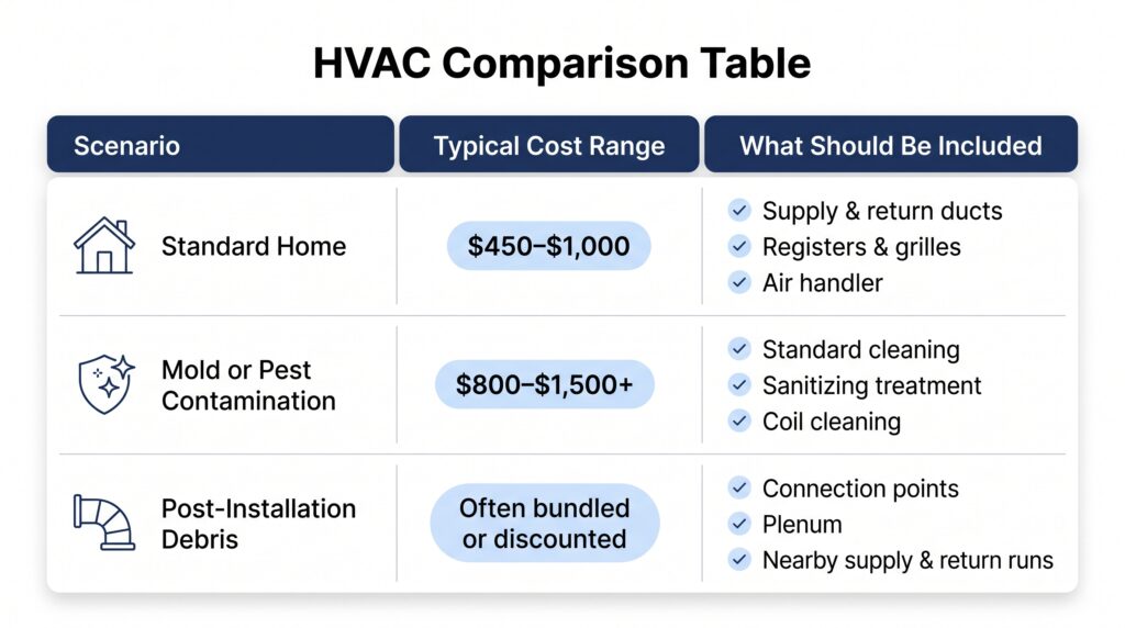 Service Cost Breakdown: Air Conditioning Duct Cleaning | Honeycomb A structural cost comparison table from Honeycomb detailing service parameters, typical pricing ranges, and inclusion items for professional air conditioning duct cleaning.