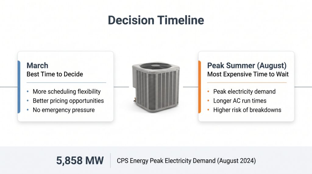 An HVAC seasonal decision infographic from Honeycomb comparing the benefits of strategic spring planning against late summer peak demands for an air conditioner repair vs replacement.