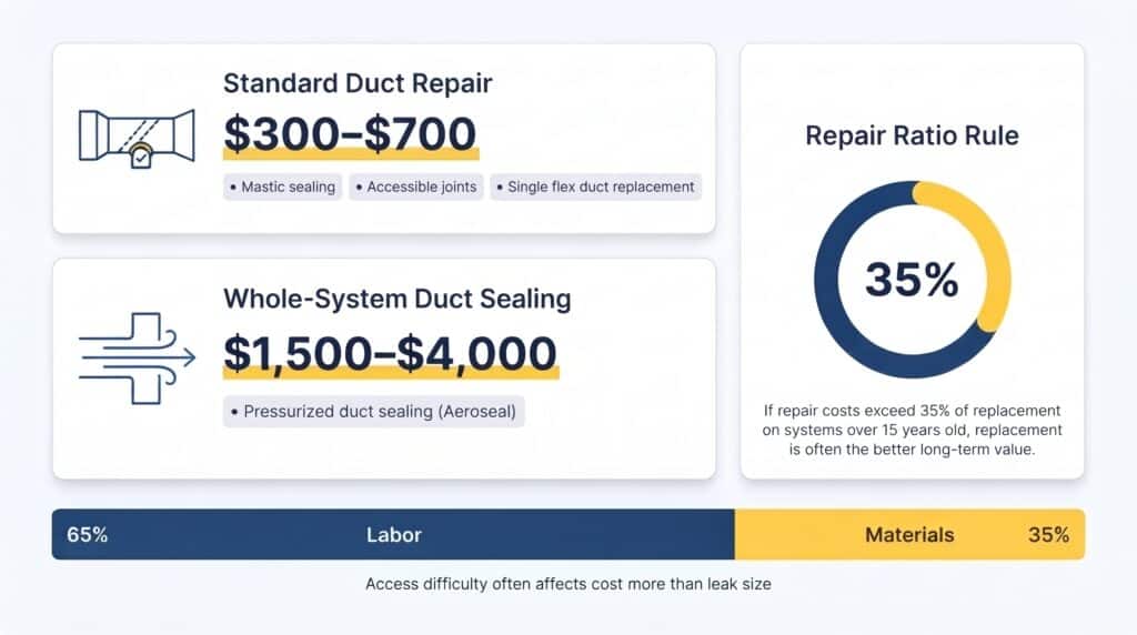 Duct Repair Cost Breakdown & Comparison Guide | Honeycomb Air A financial breakdown graphic by Honeycomb Air illustrating standard vs. whole-system duct repair cost estimates and repair ratio rules.