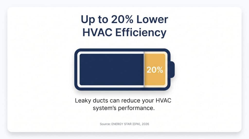 An energy loss graphic by Honeycomb illustrating lower HVAC efficiency to highlight performance losses evaluated against duct replacement cost.