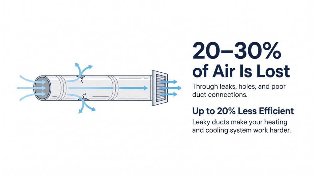 System Performance Metrics: Why Air Conditioning Duct Cleaning Matters | Honeycomb An energy efficiency graphic from Honeycomb demonstrating how structural leaks impact airflow to highlight the financial benefits of scheduled air conditioning duct cleaning.