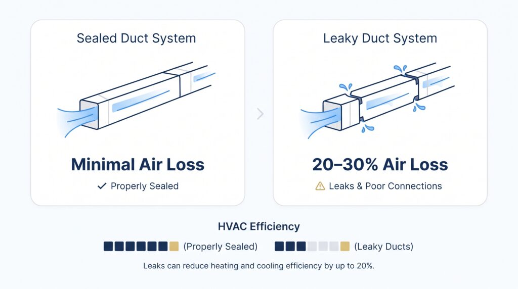 HVAC Efficiency Guide: Energy Loss & When to Clean Air Ducts | Honeycomb An HVAC efficiency infographic by Honeycomb comparing a sealed duct system with a leaky duct system experiencing 20–30% air loss, illustrating when to clean air ducts and inspect connections for optimal energy savings.