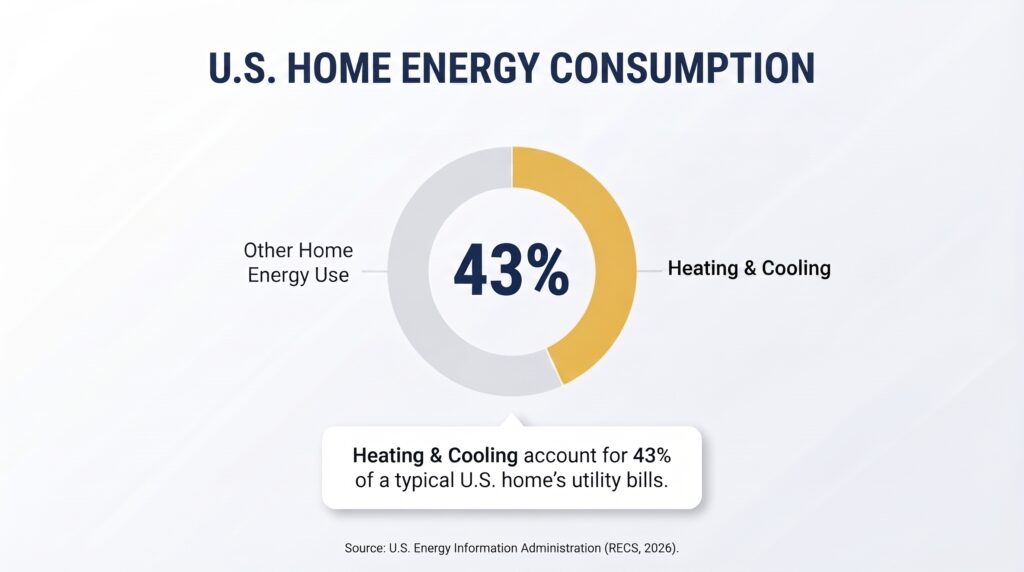 A U.S. home energy consumption chart by Honeycomb illustrating HVAC utility costs to help evaluate ROI on duct replacement cost.