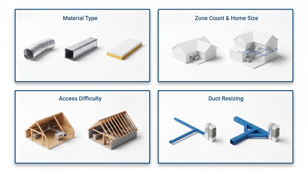 A four-panel graphic by Honeycomb Air illustrating key factors that influence duct replacement cost, including materials, home size, access, and resizing.