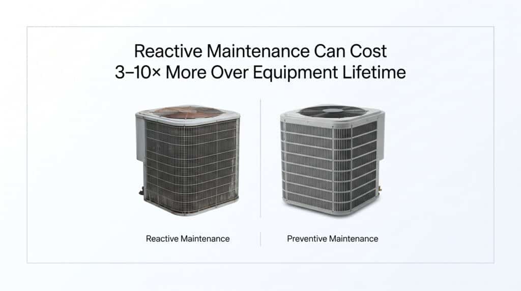 An HVAC comparison graphic from Honeycomb illustrating the financial gap between reactive and preventive care, a key consideration for homeowners weighing AC repair vs replacement.