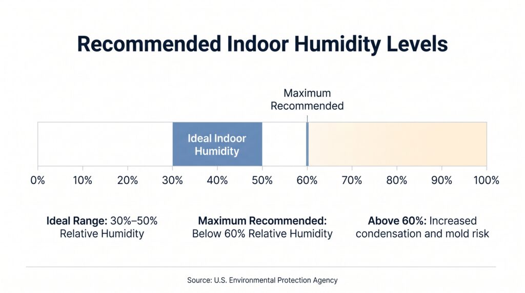 Ideal Household Humidity Guide | Replacing Home AC Unit An indoor air quality chart from Honeycomb Air & Heating outlining target humidity levels to consider when upgrading or replacing home AC unit systems for optimal climate control.
