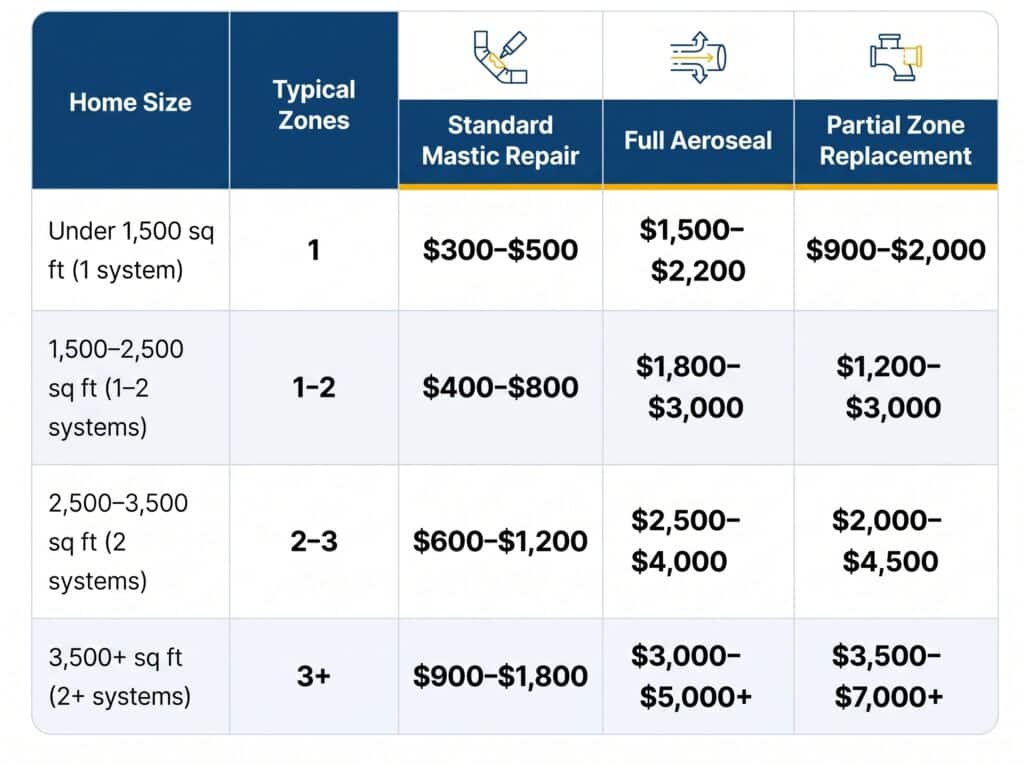 Duct Repair Cost by Home Size & Square Footage | Honeycomb Air A pricing guide table by Honeycomb Air estimating duct repair cost ranges based on home square footage, system zones, and repair methods.