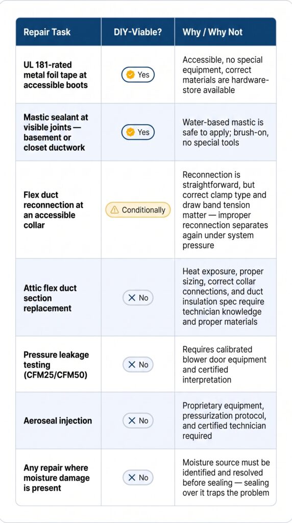 DIY vs. Professional Duct Repair Cost & Feasibility Guide | Honeycomb Air A DIY vs. professional guide table by Honeycomb Air comparing task viability to weigh labor savings against professional duct repair cost.