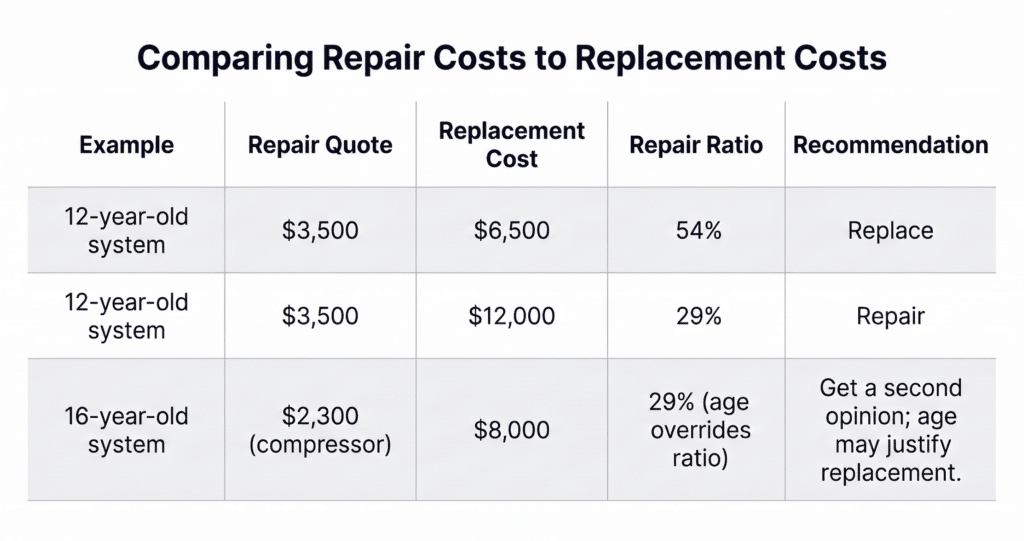 Cost Formula: Repair vs. Replacing Home AC Unit | Honeycomb An HVAC cost comparison matrix from Honeycomb Air & Heating illustrating how repair-to-replacement ratios and equipment age factor into the financial decision of replacing home AC unit systems.