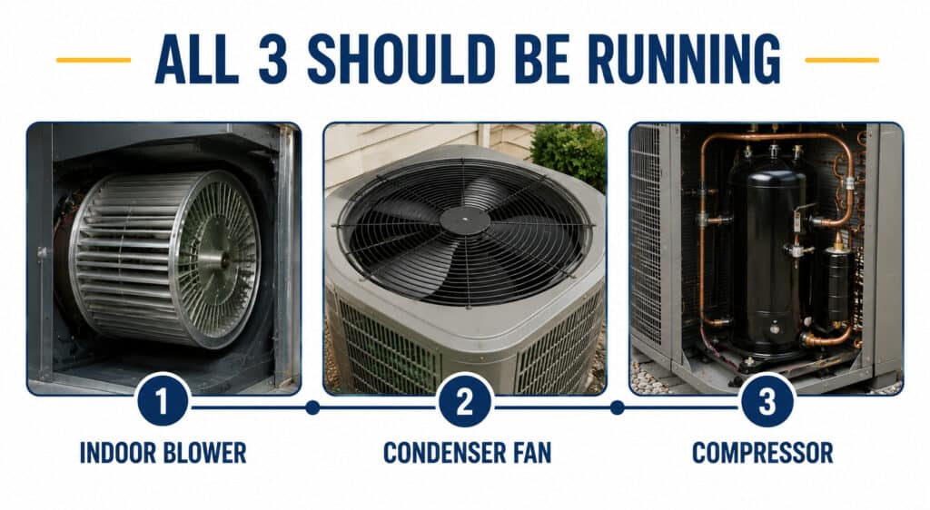 Three-panel diagram showing the indoor blower, condenser fan, and compressor needed to troubleshoot an AC running but not cooling by Honeycomb.
