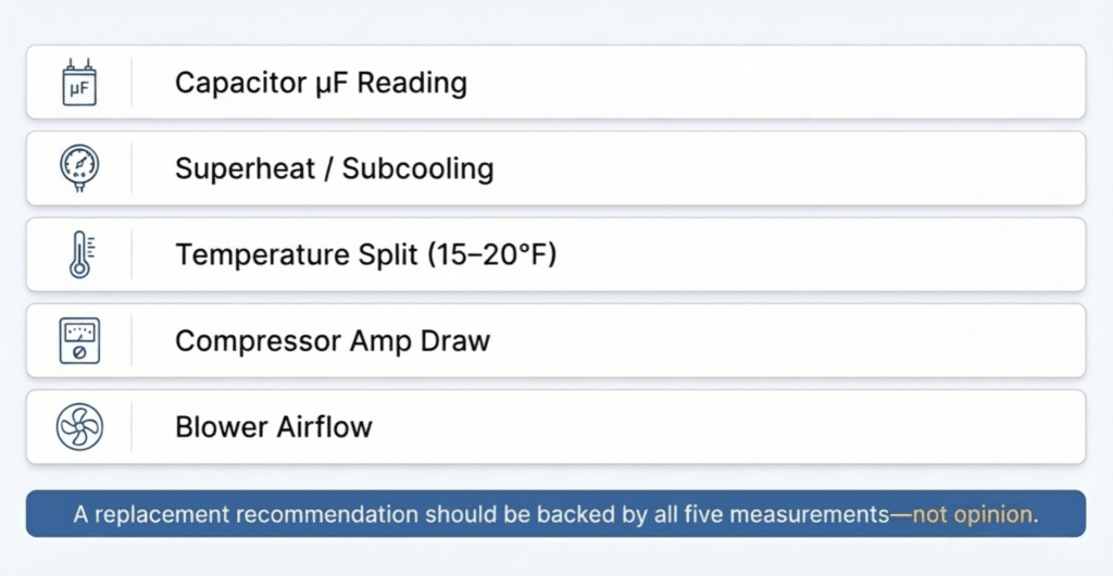 A checklist diagram of five diagnostic HVAC measurements by Honeycomb determining when to repair your AC versus replacing it.