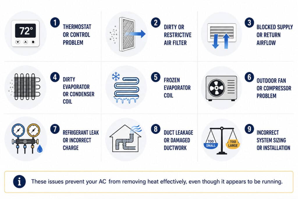 Diagnostic graphic listing 9 reasons for an AC running but not cooling, created by Honeycomb.