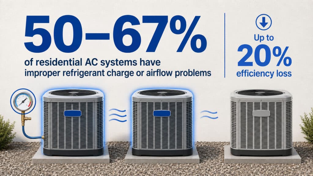 Infographic showing that 50 to 67 percent of AC systems have refrigerant or airflow issues, from the AC Repair Guide, San Antonio by Honeycomb.