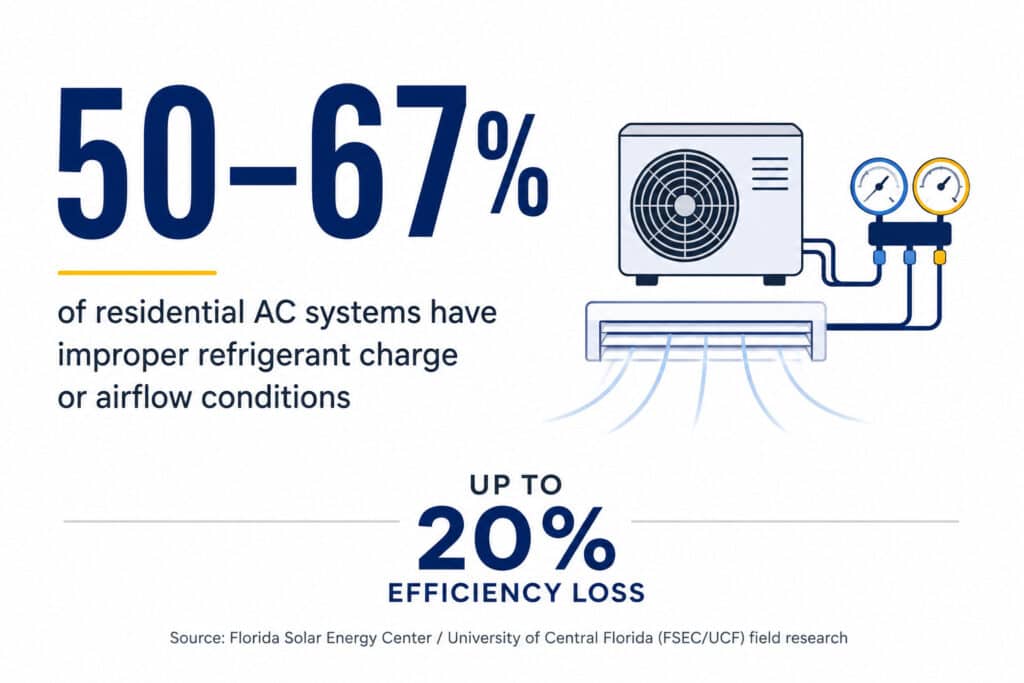 Infographic showing 50-67% of residential AC units have improper refrigerant charge, explaining an AC running but not cooling by Honeycomb.