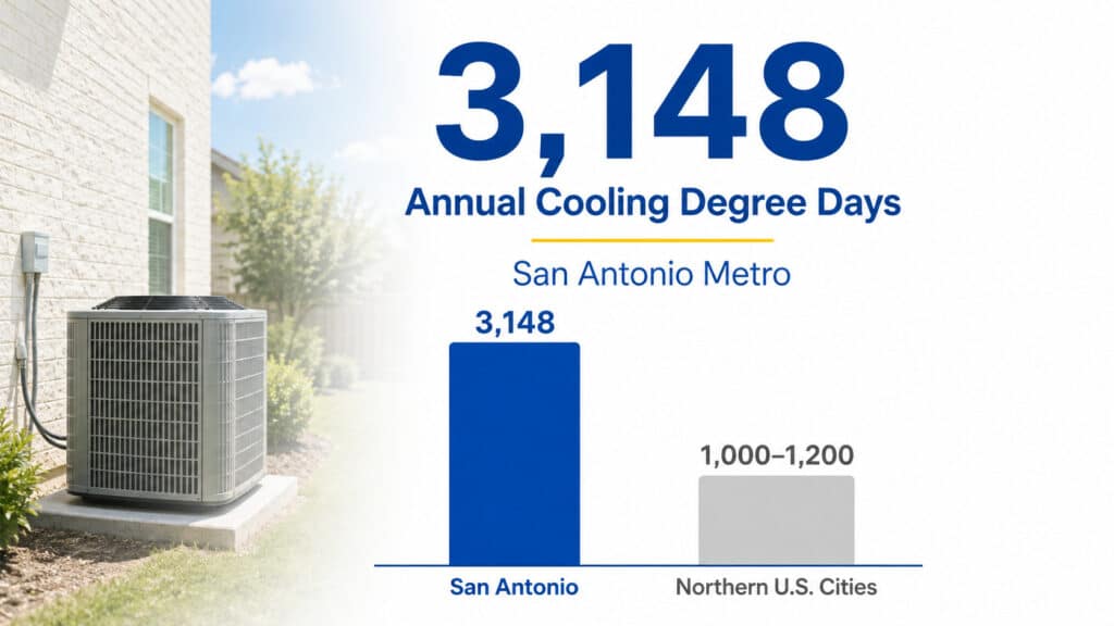 Bar graph showing San Antonio's 3,148 annual cooling degree days compared to northern cities, featured in an AC Repair Guide, San Antonio by Honeycomb.