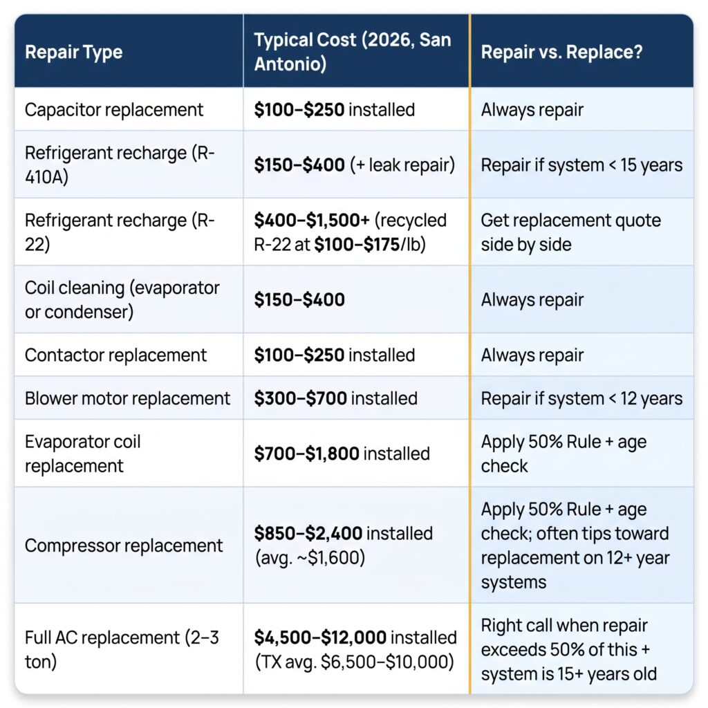 An AC repair cost table from Honeycomb outlining typical San Antonio repair prices and guidance on when to repair your AC versus replacing it.