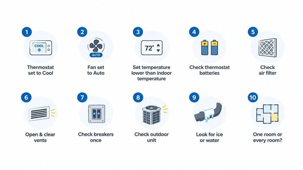 A 10-step troubleshooting guide for an AC blowing warm air, created by Honeycomb.