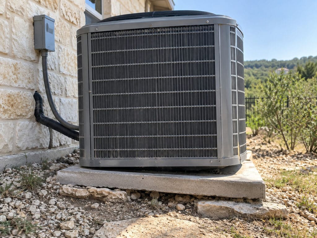 Unlevel AC Units & AC Running But Not Cooling Bulverde | Honeycomb Unlevel AC unit resting on a shifted concrete pad above limestone terrain, causing an AC running but not cooling Bulverde issue, by Honeycomb.