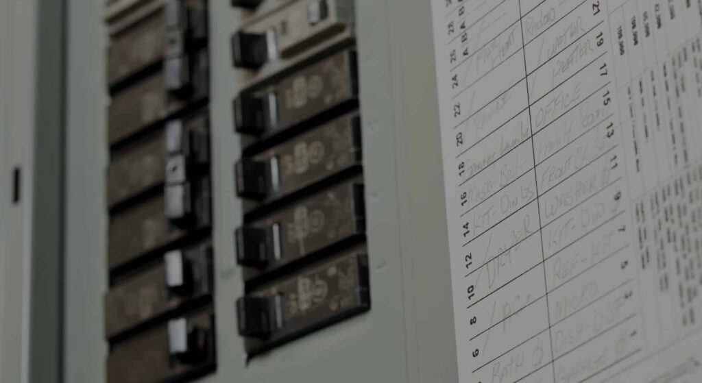 Troubleshooting Circuit Breakers: Emergency AC Repair in Bulverde TX | Honeycomb A residential circuit breaker panel with handwritten circuit labels to troubleshoot power issues before calling for emergency AC repair in Bulverde TX with Honeycomb.