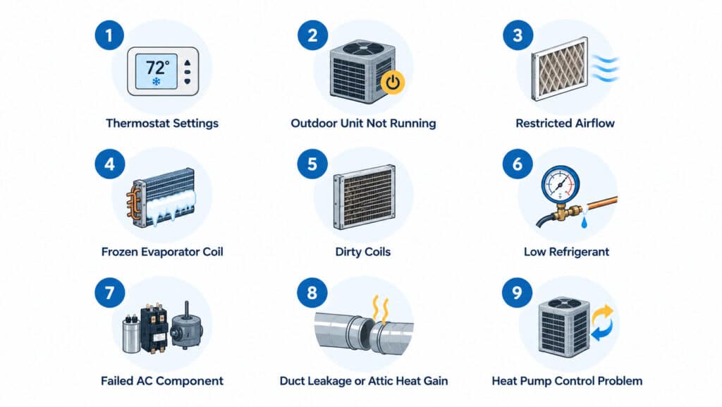 Infographic listing nine common causes for an AC blowing warm air, created by Honeycomb.
