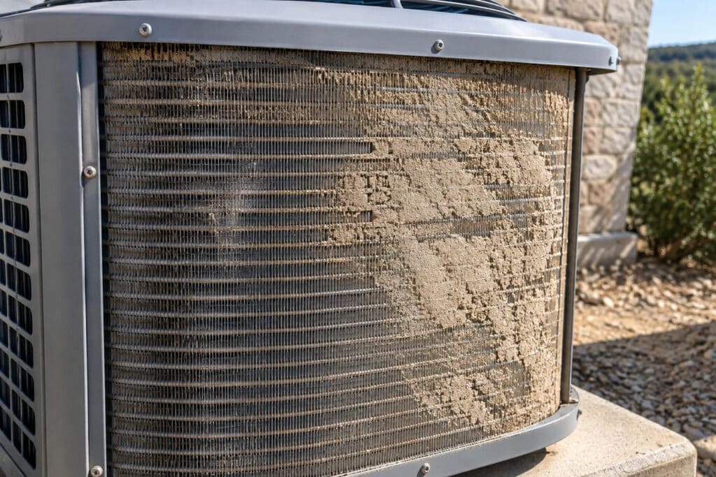 Caliche Dust Clogs & AC Running But Not Cooling Bulverde | Honeycomb Outdoor condenser coil heavily clogged with caliche dust causing an AC running but not cooling Bulverde home, by Honeycomb.